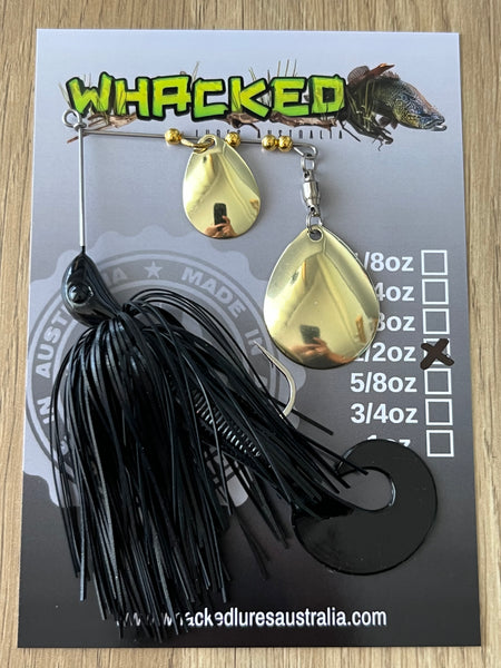 1/2oz Spinnerbait ~ BLACK ~ Grub Trailer (Gold Blades)