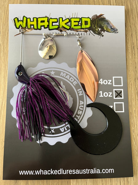 1oz Spinnerbait ~ PLUM BLACK ~ 6" Grub Trailer (Willow Blade)