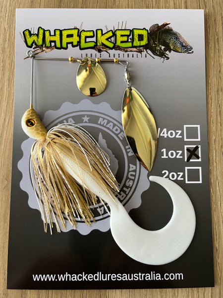 1oz Spinnerbait ~ WHITE GOLD ~ 6" Grub Trailer (Willow Blade)