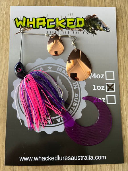 1oz Spinnerbait ~ PINK & PURPLE ~ 6" Grub Trailer (Copper Blades)