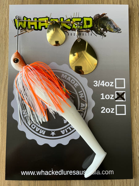 1oz Spinnerbait ~ ORANGE ICE ~ 5" Paddle Tail Trailer + Stinger Hook (Gold Blades)