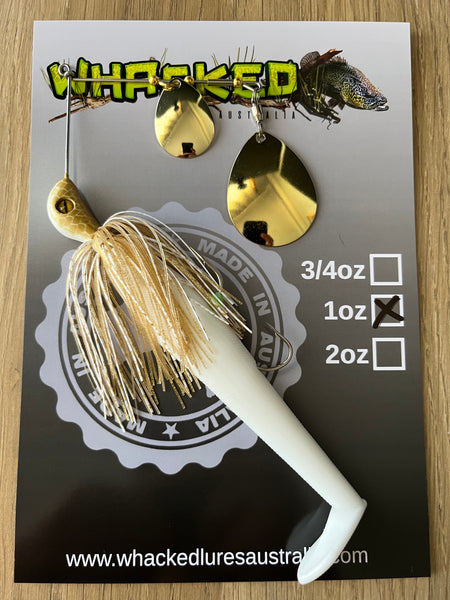 1oz Spinnerbait ~ WHITE GOLD ~ 5" Paddle Tail Trailer + Stinger Hook (Gold Blades)