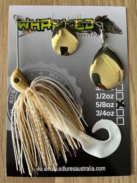 5/8oz Spinnerbait ~ WHITE GOLD ~ Grub Trailer (Gold Blades)