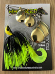 5/8oz Quad Spin Spinnerbait ~ FLURO DIP BLACK ~ Grub Trailer (Gold Blades)