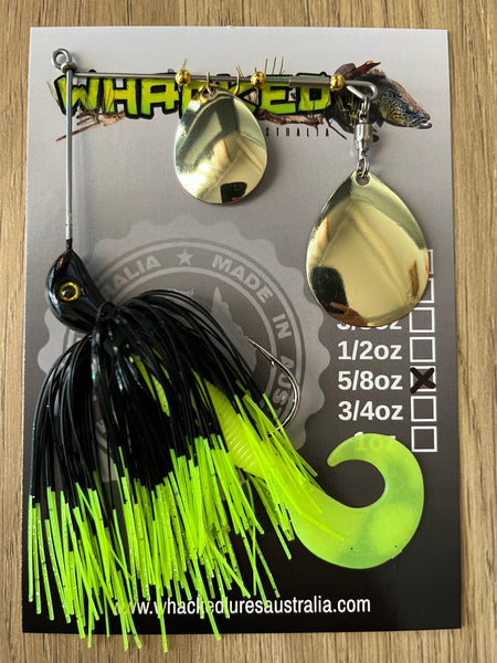 5/8oz Spinnerbait ~ FLURO DIP BLACK ~ Grub Trailer (Gold Blades)