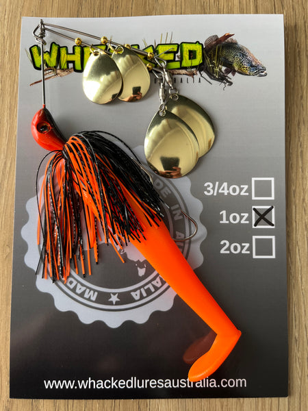1oz Quad Spin Spinnerbait ~ VOLCANO ~ Paddle Tail Trailer + Stinger Hook (Gold Blades)