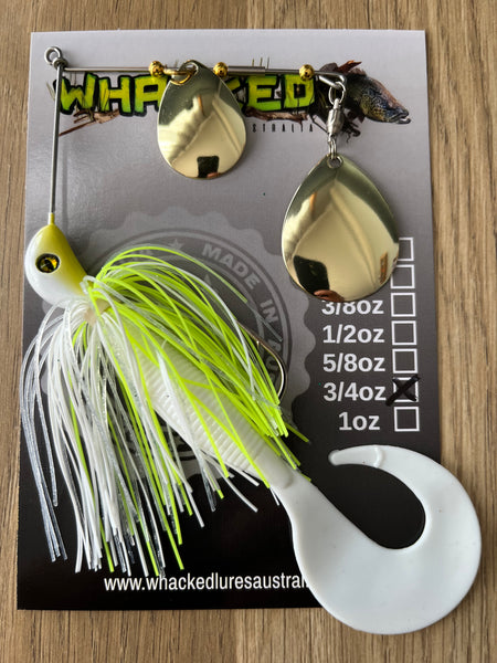 3/4oz Spinnerbait ~ ACID WHITE ~ Grub Trailer (Gold Blades)