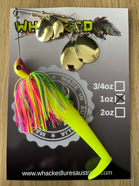 1oz Quad Spin Spinnerbait ~ FLURO POP ~ Paddle Tail Trailer + Stinger Hook (Gold Blades)