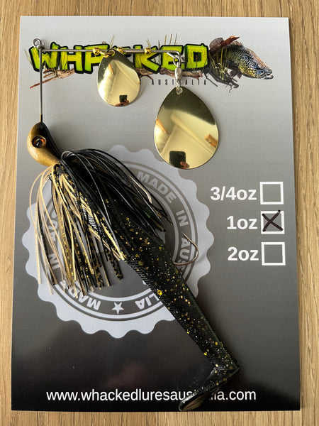 1oz Spinnerbait ~ BLACK & GOLD ~ 5" Paddle Tail Trailer + Stinger Hook (Gold Blades)