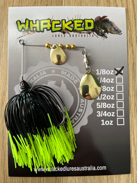 1/8oz Guppy Head Spinnerbait ~ FLURO DIP BLACK (Gold Blades)