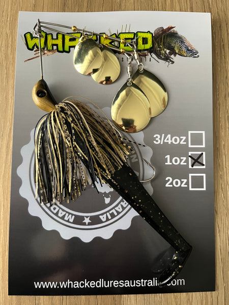 1oz Quad Spin Spinnerbait ~ BLACK & GOLD ~ Paddle Tail Trailer + Stinger Hook (Gold Blades)