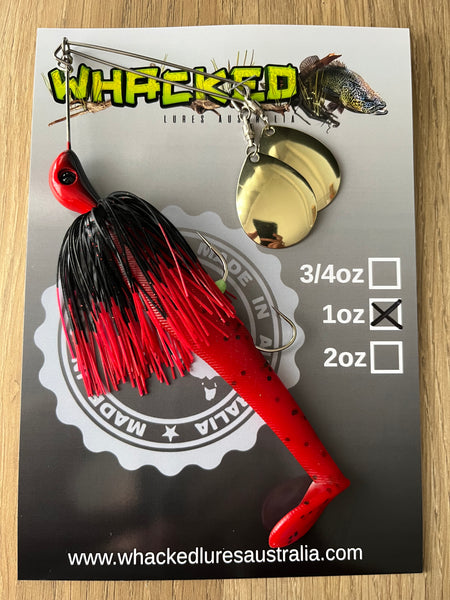 1oz Twin Spin Spinnerbait ~ FIRETIP RED ~ Paddle Tail Trailer + Stinger Hook (Gold Blades)