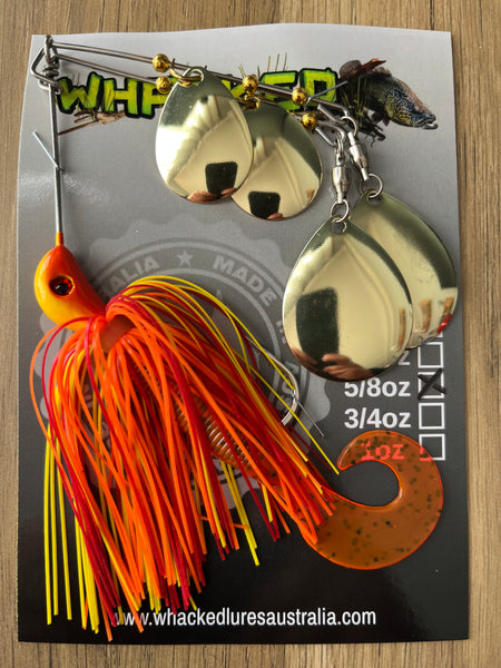 5/8oz Quad Spin Spinnerbait ~ SUNRISE ORANGE ~ Grub Trailer (Gold Blades)