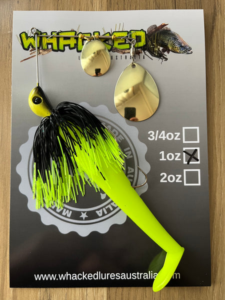 1oz Spinnerbait ~ FLURO DIP BLACK ~ 5" Paddle Tail Trailer + Stinger Hook (Gold Blades)