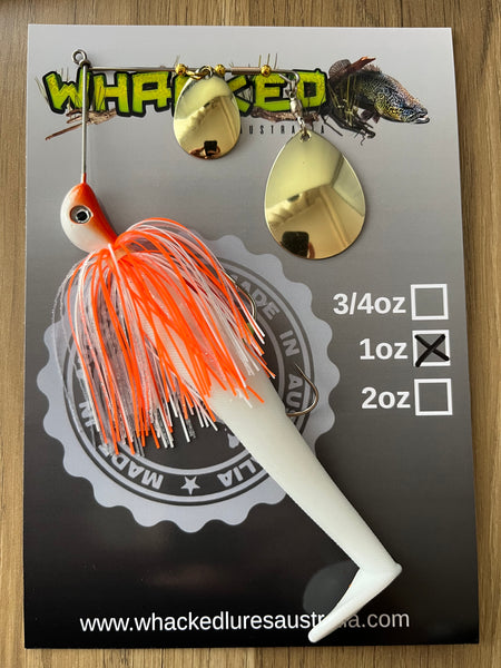 1oz Spinnerbait ~ ORANGE ICE ~ 5" Paddle Tail Trailer + Stinger Hook (Gold Blades)