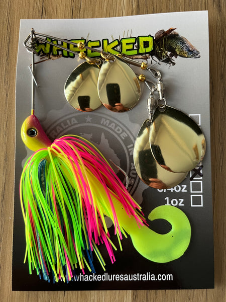 5/8oz Quad Spin Spinnerbait ~ FLURO POP ~ Grub Trailer (Gold Blades)