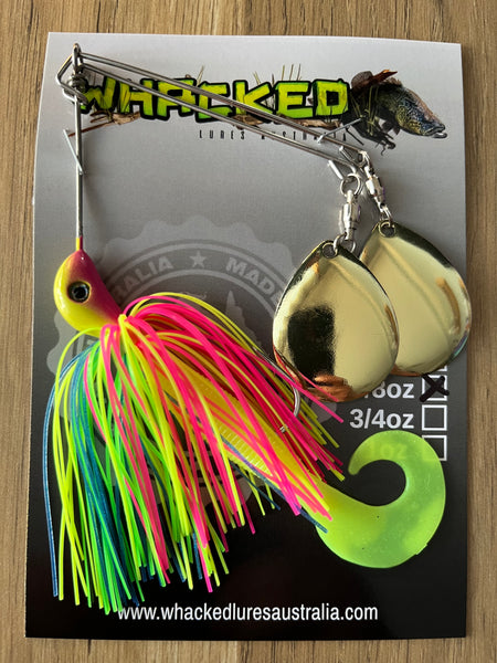 5/8oz Twin Spin Spinnerbait ~ FLURO POP ~ Grub Trailer (Gold Blades)