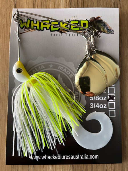5/8oz Twin Spin Spinnerbait ~ ACID WHITE ~ Grub Trailer (Gold Blades)