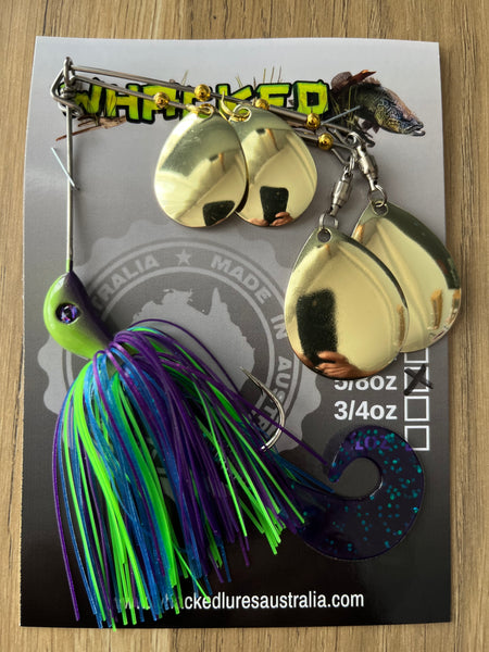 5/8oz Quad Spin Spinnerbait ~ JUNE BUG ~ Grub Trailer (Gold Blades)