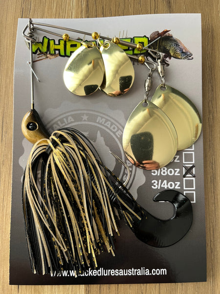 5/8oz Quad Spin Spinnerbait ~ BLACK & GOLD ~ Grub Trailer (Gold Blades)