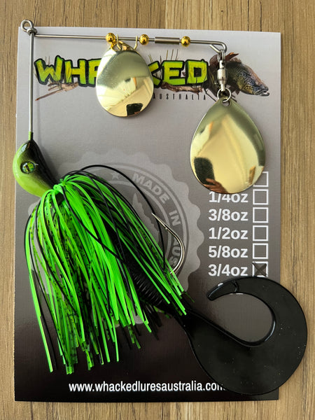 3/4oz Spinnerbait ~ GOBLIN GREEN ~ Grub Trailer (Gold Blades)