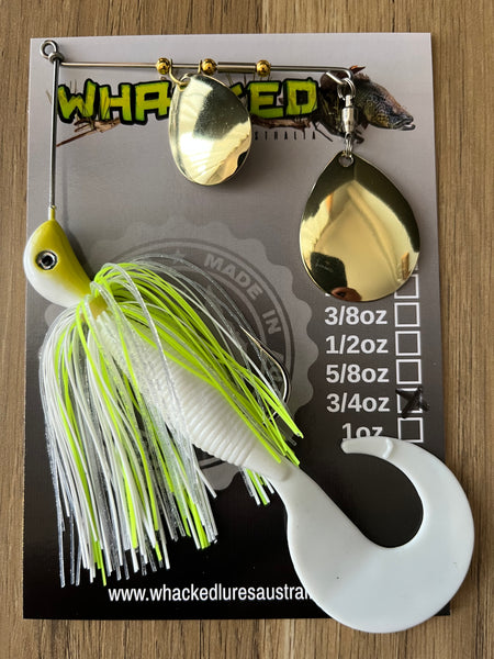 3/4oz Spinnerbait ~ ACID WHITE ~ Grub Trailer (Gold Blades)
