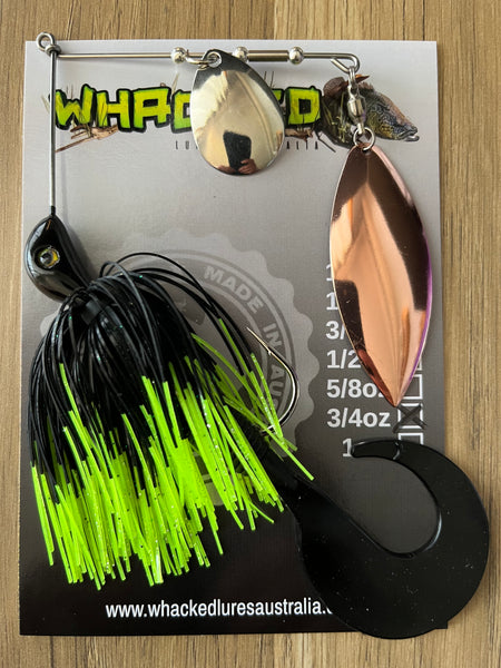 3/4oz Spinnerbait ~ FLURO DIP BLACK ~ Grub Trailer (Copper Willow Blade)