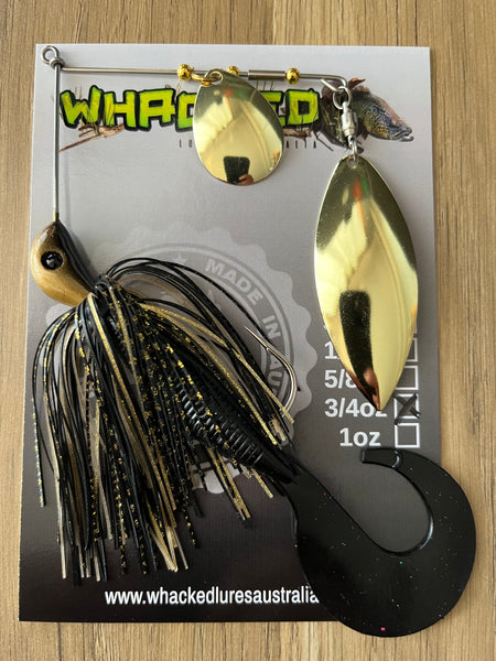 3/4oz Spinnerbait ~ BLACK & GOLD ~ Grub Trailer (Gold Willow Blade)