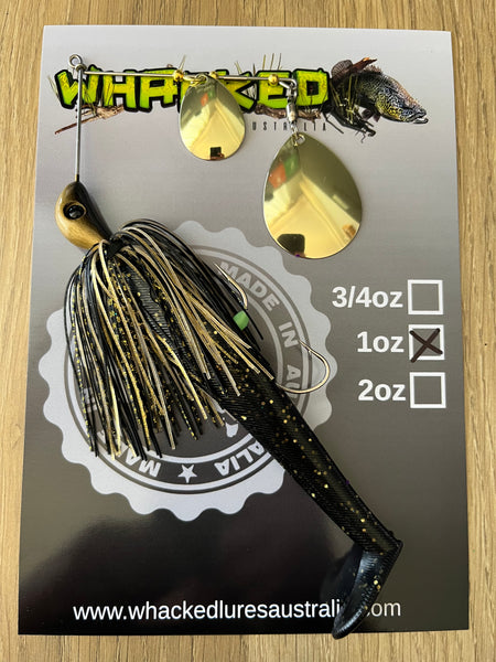 1oz Spinnerbait ~ BLACK & GOLD (Black Eye) ~ 5" Paddle Tail Trailer + Stinger Hook (Gold Blades)