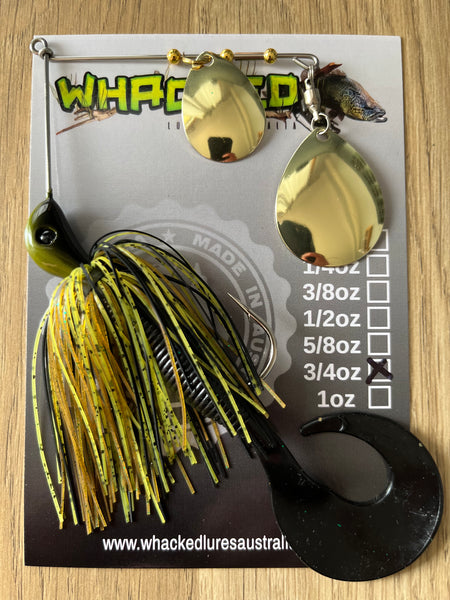 3/4oz Spinnerbait ~ GREMLIN GREEN ~ Grub Trailer (Gold Blades)