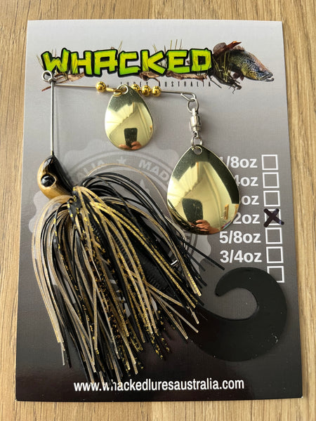 1/2oz Spinnerbait ~ BLACK & GOLD ~ Grub Trailer (Gold Blades)