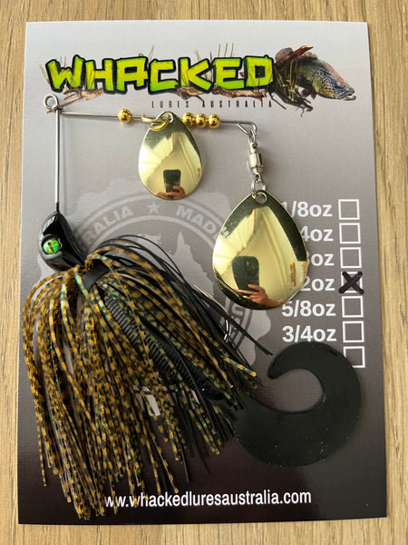 1/2oz Spinnerbait ~ BLACK GUPPY ~ Grub Trailer (Gold Blades)