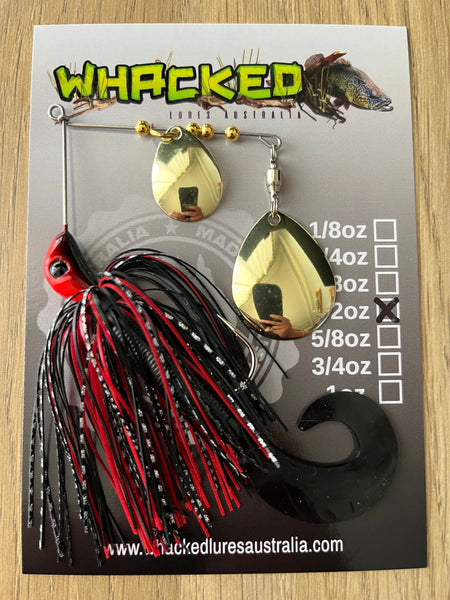 1/2oz Spinnerbait ~ PHANTOM RED ~ Grub Trailer (Gold Blades)