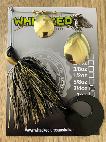 3/4oz Spinnerbait ~ BLACK & GOLD ~ Grub Trailer (Gold Blades)