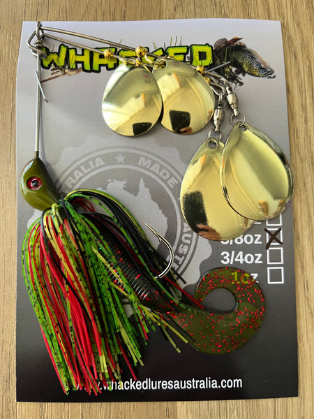 5/8oz Quad Spin Spinnerbait ~ REDFIN GREEN ~ Grub Trailer (Gold Blades)