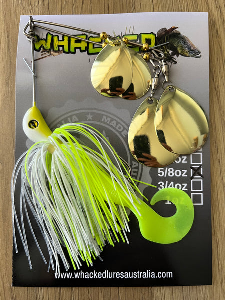 5/8oz Quad Spin Spinnerbait ~ ACID WHITE ~ Grub Trailer (Gold Blades)