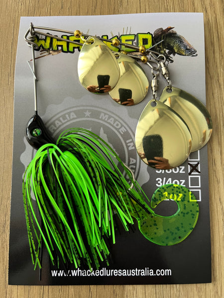 5/8oz Quad Spin Spinnerbait ~ GOBLIN GREEN ~ Grub Trailer (Gold Blades)