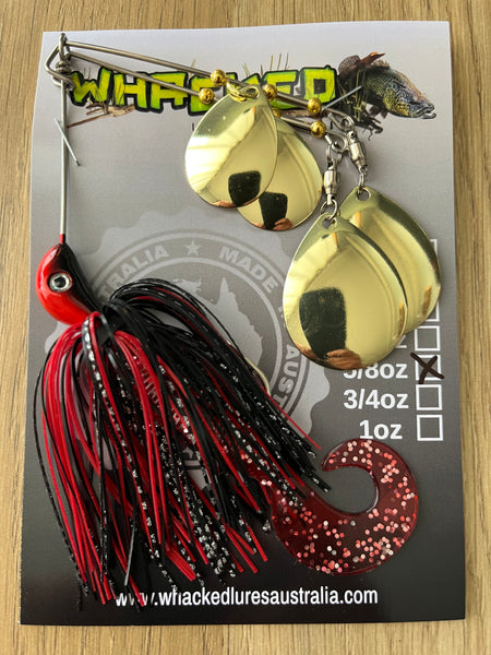 5/8oz Quad Spin Spinnerbait ~ PHANTOM RED ~ Grub Trailer (Gold Blades)