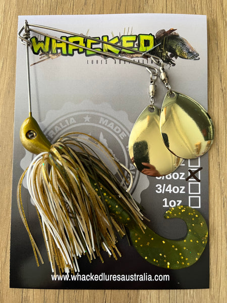 5/8oz Twin Spin Spinnerbait ~ NATURAL GREEN & GOLD ~ Grub Trailer (Gold Blades)