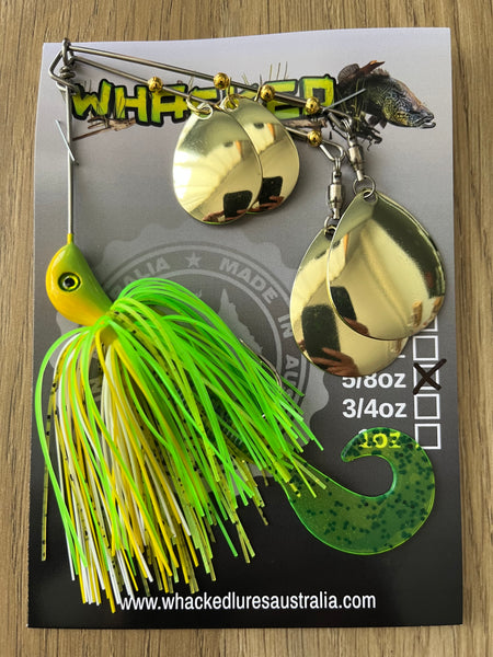 5/8oz Quad Spin Spinnerbait ~ KERMIT GREEN ~ Grub Trailer (Gold Blades)