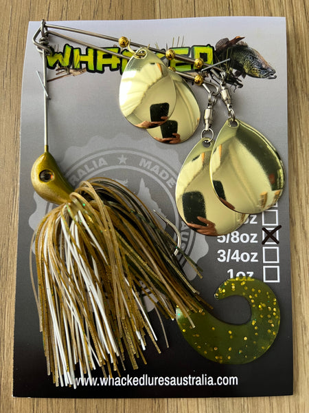 5/8oz Quad Spin Spinnerbait ~ NATURAL GREEN & GOLD ~ Grub Trailer (Gold Blades)
