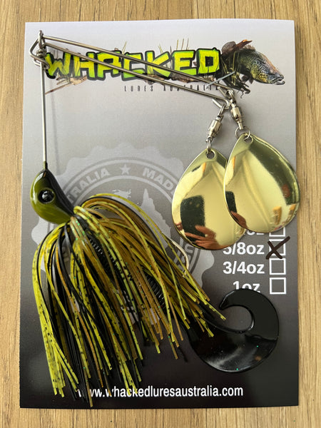 5/8oz Twin Spin Spinnerbait ~ GREMLIN GREEN ~ Grub Trailer (Gold Blades)