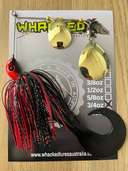 3/4oz Spinnerbait ~ PHANTOM RED ~ Grub Trailer (Gold Blades)