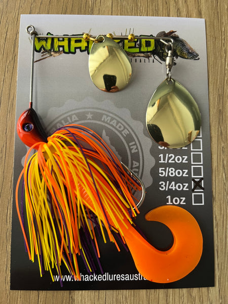 3/4oz Spinnerbait ~ SUNSET ORANGE ~ Grub Trailer (Gold Blades)