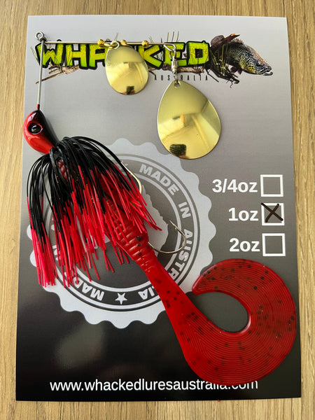 1oz Spinnerbait ~ FIRETIP RED ~ 8" Grub Trailer + Stinger Hook (Gold Blades)