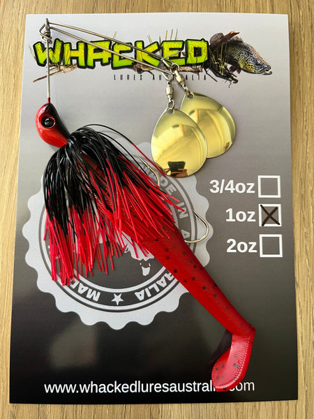 1oz Twin Spin Spinnerbait ~ FIRETIP RED ~ Paddle Tail Trailer + Stinger Hook (Gold Blades)