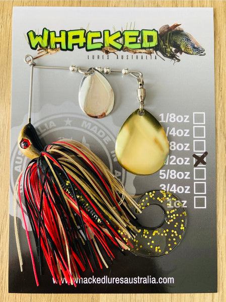 1/2oz Spinnerbait ~ WOUNDED BLACK & GOLD ~ Grub Trailer (Mixed Blades)