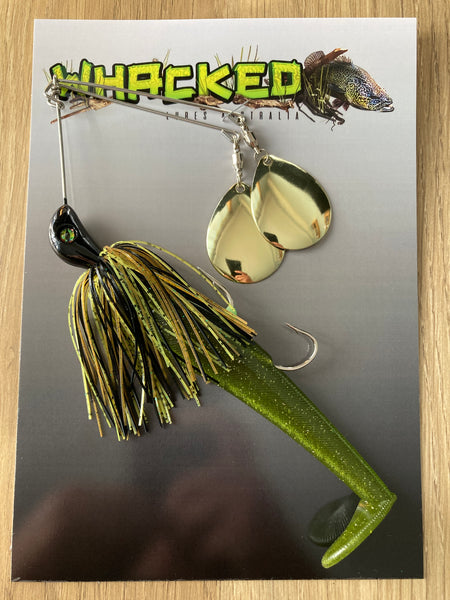 1oz Twin Spin Spinnerbait ~ GREMLIN GREEN ~ Paddle Tail Trailer + Stinger Hook (Gold Blades)