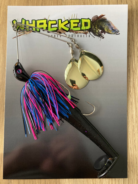 1oz Twin Spin Spinnerbait ~ GOTHIKA ~ Paddle Tail Trailer + Stinger Hook (Gold Blades)